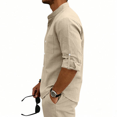Camisa de Lino Estilo Americano con Cuello Mao y Mangas Medianas para Hombre - Image 21