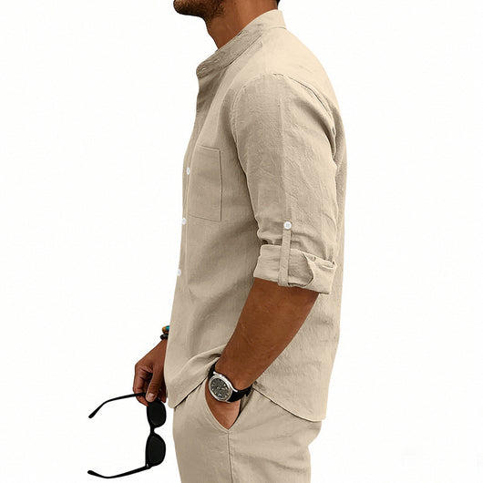 Camisa de Lino Estilo Americano con Cuello Mao y Mangas Medianas para Hombre - Image 21