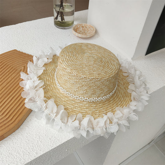 Sombrero de Paja Plano con Encaje de Perlas para Mujer - Image 10