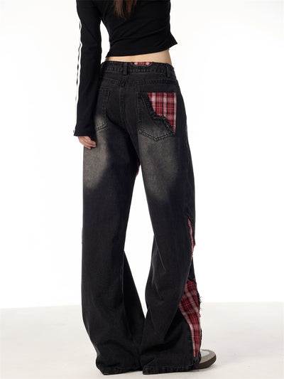 Pantalones Jeans Rectos Anchos para Mujer con Cuadros y Moño - Image 18