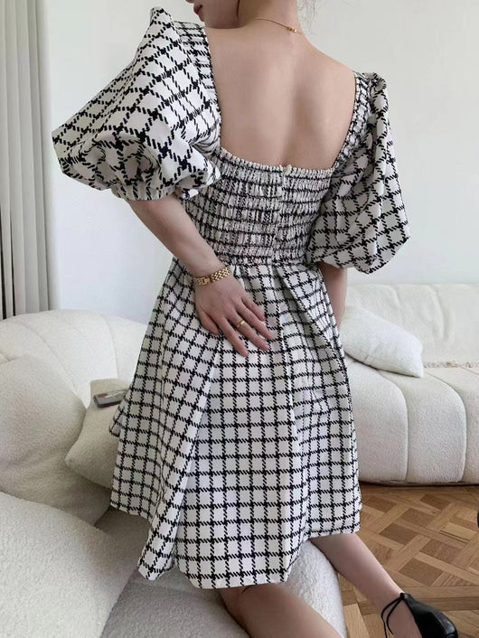 Vestido Otoñal con Mangas Abullonadas, Cuadros y Lunares, Cintura Alta - Image 5