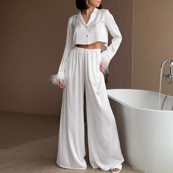 Conjunto Elegante de Blusa Manga Larga y Pantalón Ancho Cintura Alta - Image 7