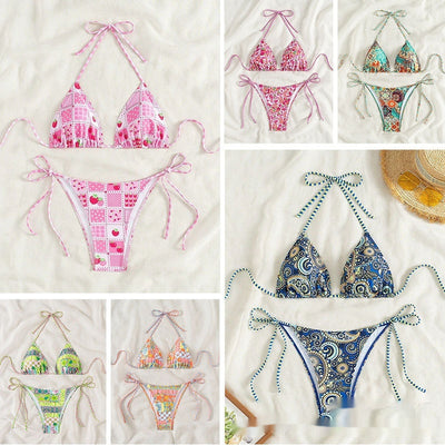 Female creative minimally printed split bikini set with a vibrant bohemian pattern and tie-side bottoms.