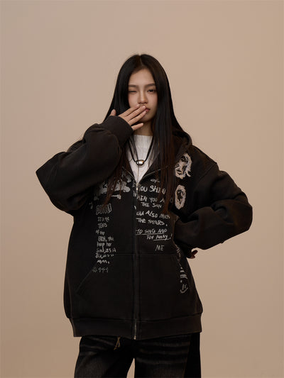 Sudadera Mujer con Capucha y Cierre - Estampado de Letras Negro - Image 19