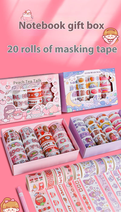 Set of 20 rolls of cute cartoon washi tape in a pink 'Peach Tea Talk' gift box, featuring peach, strawberry, and bear designs. - Image 15