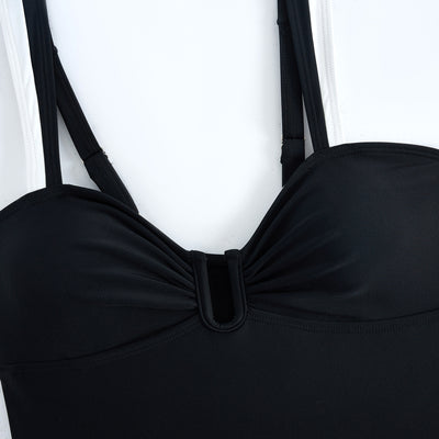 White one-piece women's swimsuit with black side panels and straps, featuring a ruched bust and U-shaped detail. - Image 33