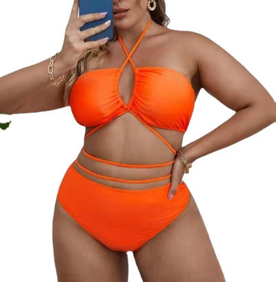 Plus size orange bikini set with a strapless halter top and high-waisted bottoms with multiple waist straps. - Image 3