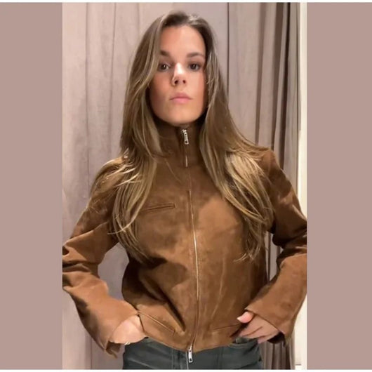 Chaqueta de Gamuza Marrón para Primavera con Cuello de Pie y Cierre - Image 2