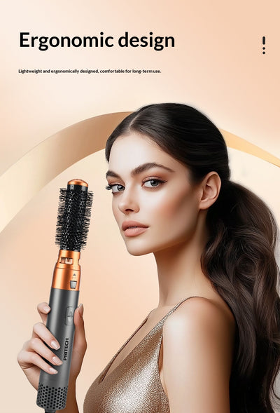 5-in-1 multifunctional hair styler with dark gray handle and rose gold accents, including hot air comb, curling wands, and paddle brush attachments, plus a blac - Image 12