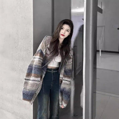 Cardigan Rayado Bicolor con Diseño Moderno para Otoño e Invierno