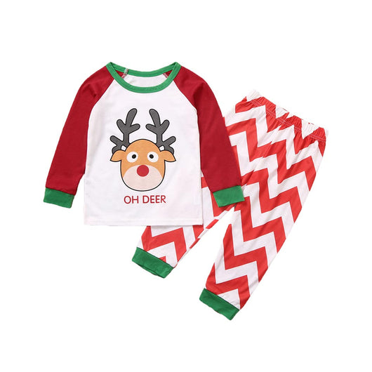 Red and white parent-child pajama set with a reindeer graphic top and chevron stripe pants, green cuffs. - Image 7