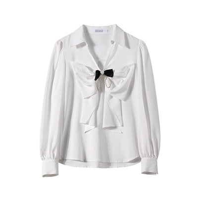 Blusa Clásica con Lazo Contrastante en Colores Sólidos - Image 10