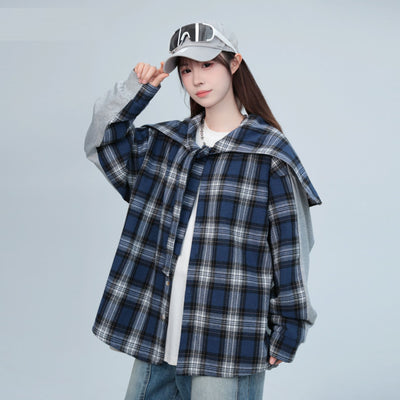 Poncho Camisa Gris con Capucha y Costuras a Cuadros - Image 3