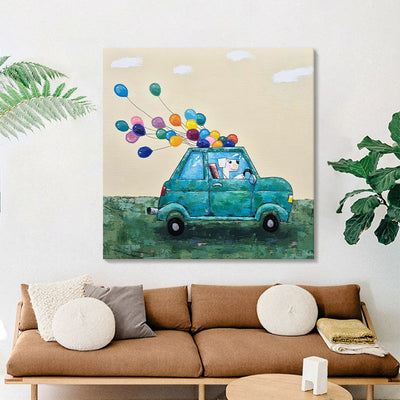 Cuadro Decorativo Lienzo Pintura al Óleo Infantil Coche Perro Globo