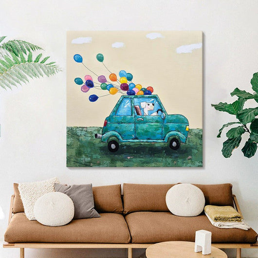 Cuadro Decorativo Lienzo Pintura al Óleo Infantil Coche Perro Globo