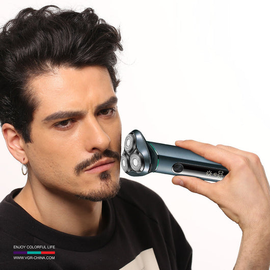 VGR men's electric rotary shaver with a dark teal metal body, LCD display, and three shaving heads. Includes USB cable, cleaning brush, travel pouch, and protec - Image 4