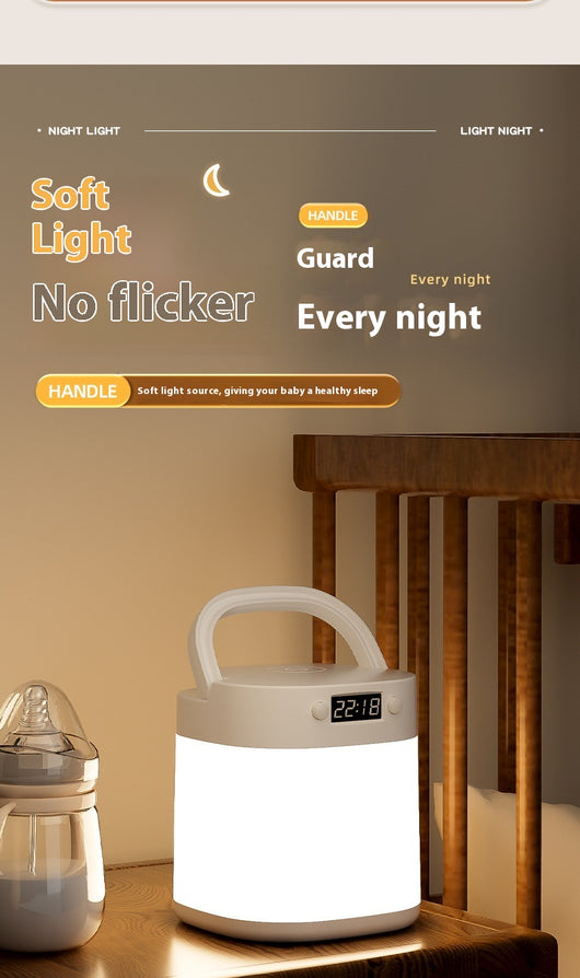 White rechargeable LED table lamp with a digital clock display and a light gray carrying handle. - Image 18