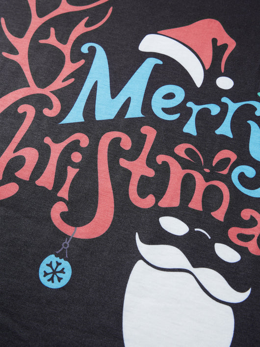 Man wearing a black and red long-sleeve Christmas pajama set with "Merry Christmas" graphic and Santa print pants. - Image 22