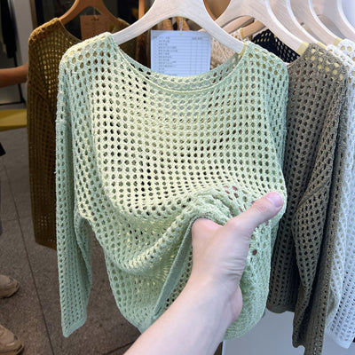 Blusa de Malla Calada Cuello Redondo Manga Larga - Image 3