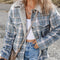 Chaqueta Camisa Patchwork Cuadros con Cuello Sherpa Azul Cielo y Bolsillo