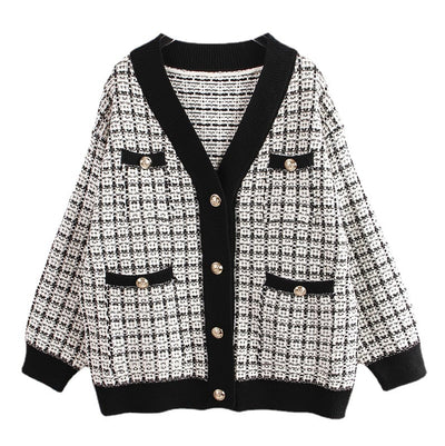 Cardigan Tejido Cuadros Mujer Estilo Elegante Oversize Abrigo Grueso - Image 22