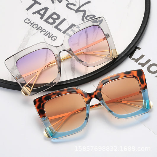 Women's black square frame sunglasses with blue gradient lenses and gold metal temples featuring a pearl accent. - Image 11