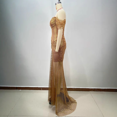 Vestido Largo Dorado Elegante Escote Descubierto Espalda Abierta Ajustado - Image 3