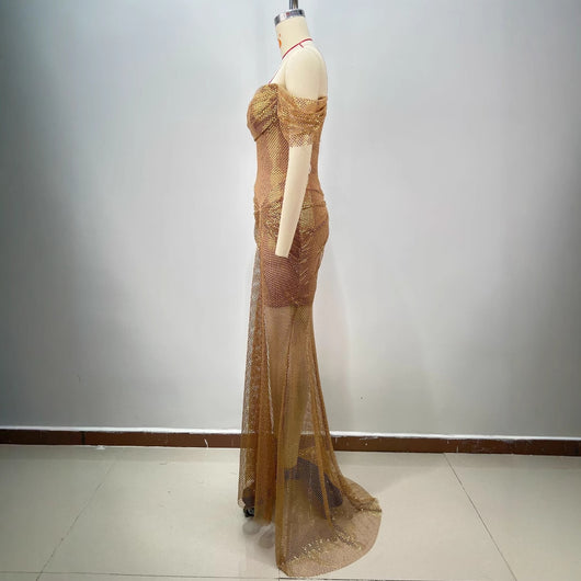 Vestido Largo Dorado Elegante Escote Descubierto Espalda Abierta Ajustado - Image 3