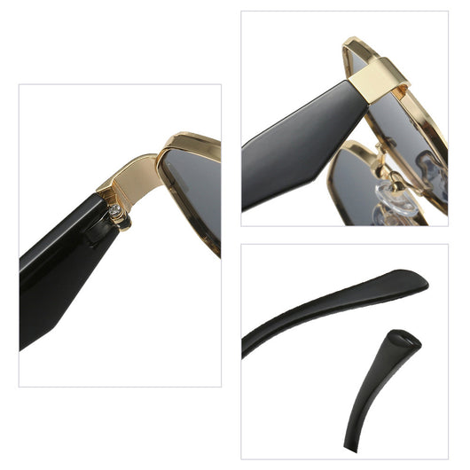 Polygonal sunglasses with a gold metal frame, beige temples, and dark black-gray lenses on a white background. - Image 5