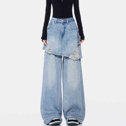 Pantalones Rectos Azul Vintage Efecto Desgastado Doble Tela para Mujer