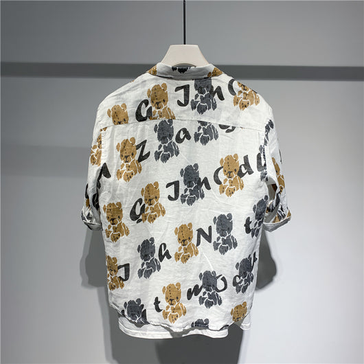 Camisa Lino Hombre Manga Corta Estampado Oso Retro Japonés Diseño Oversized - Image 11
