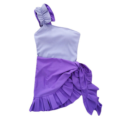 Black one-shoulder ribbed one-piece swimsuit with a ruffled blue and black strap, ideal for women's swimwear. - Image 5