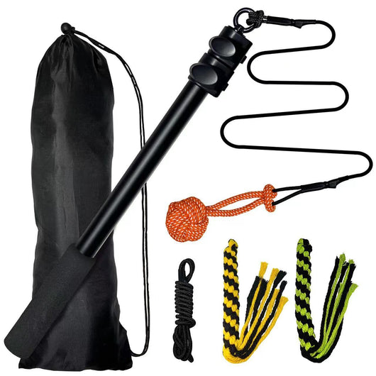 Telescopic dog teasing rod toy with black foam grip and multiple colorful rope attachments, including a carrying bag. - Image 6