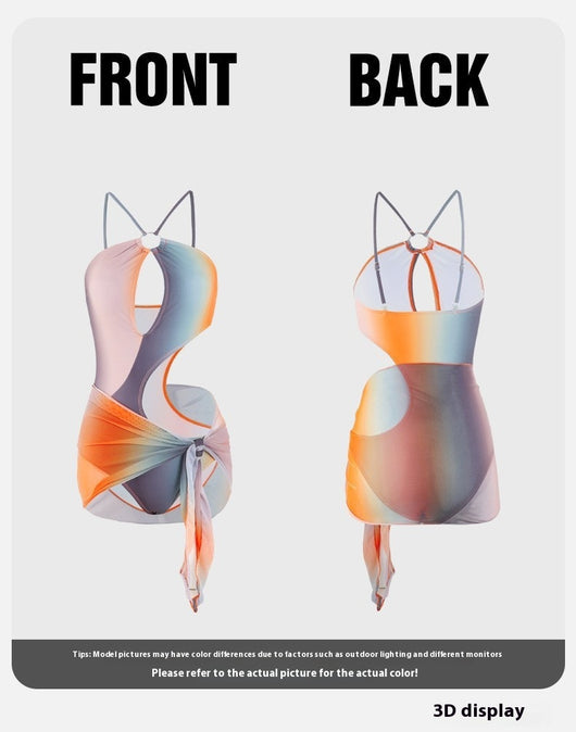 Ombre one-piece swimsuit with a large torso cutout and a matching sarong tied at the hip. - Image 17
