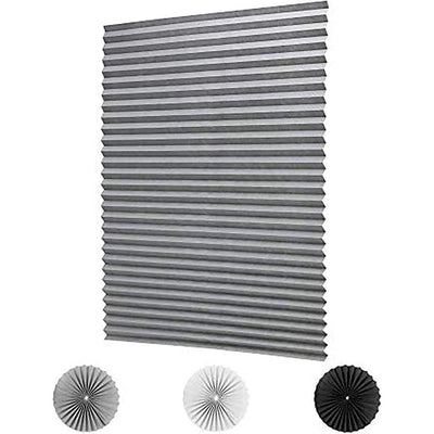 Gray pleated self-adhesive window shade with swatches for white, gray, and black color options. - Image 7