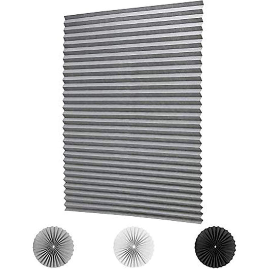 Gray pleated self-adhesive window shade with swatches for white, gray, and black color options. - Image 7
