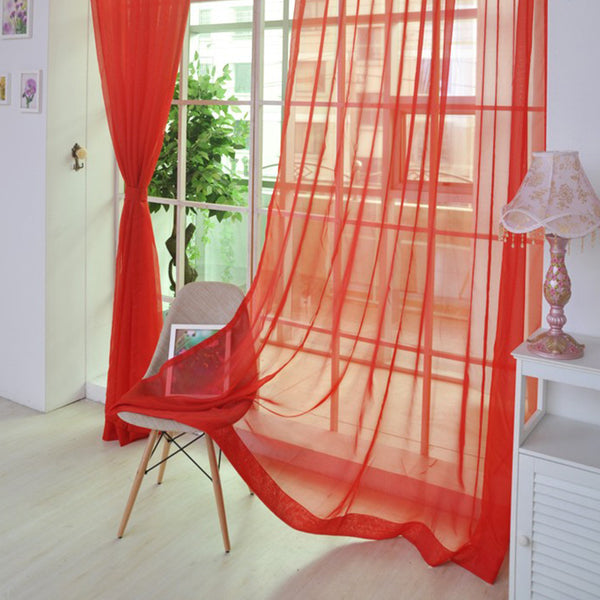 Pair of sheer blue polyester curtains for light transmission, ready-made and punch-free, hanging in a window. - Image 5