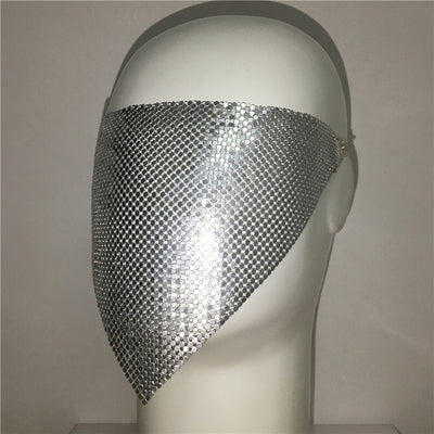 Gold rhinestone mask made of metal mesh, covering the face from the eyes to below the chin, displayed on a white mannequin head. - Image 44