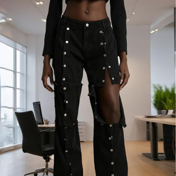 Jeans Talle Alto Irregular con Botones Desmontables