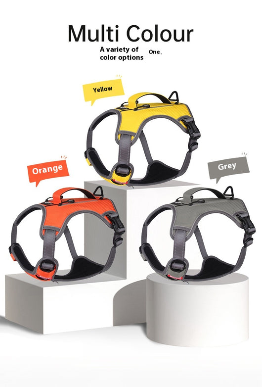 Orange and gray pet harness made of Oxford cloth with reflective trim, a top handle, and adjustable straps. - Image 21