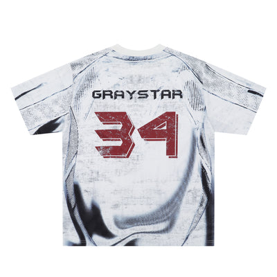 White short sleeve t-shirt with black and white abstract print, round neck, and 'GRAYSTAR' text on the front. - Image 3