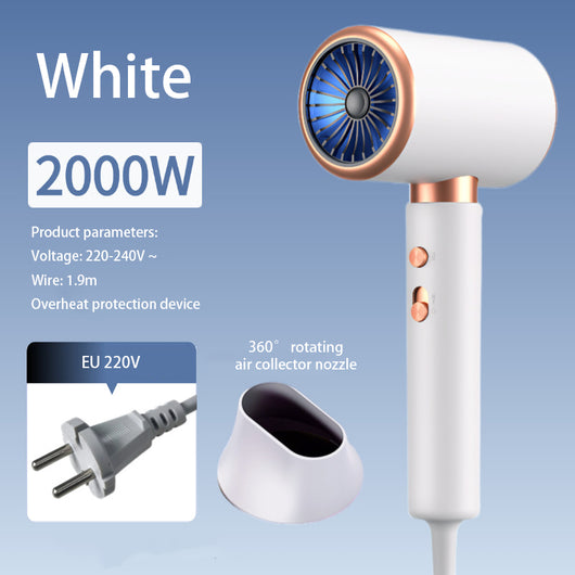 White professional hair dryer with rose gold accents, blue fan, and two control buttons, shown with a US 110V plug and a 360-degree rotating air collector nozzl - Image 9