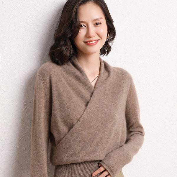 Suéter de Cashmere Cuello V Cruzado Holgado para Mujer