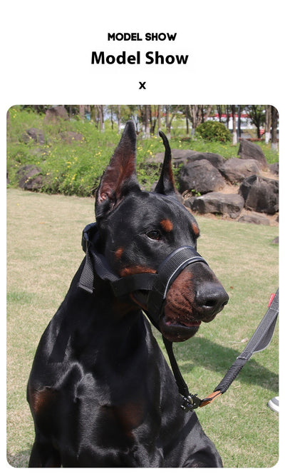 Black and brown leather and nylon dog muzzle with adjustable straps and a D-ring, shown with a size chart. - Image 16