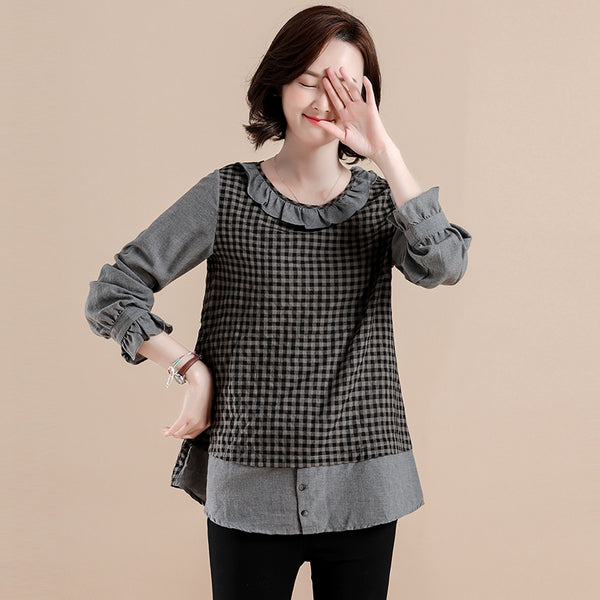 Blusa Artística Tallas Grandes en Algodón y Lino con Efecto Reductor
