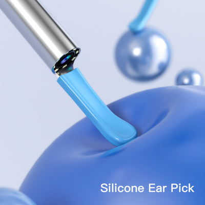 Blue wireless ear endoscope with camera, displaying an ear canal view on a smartphone, with various silicone ear spoon heads, charging cable, and storage jar. - Image 4