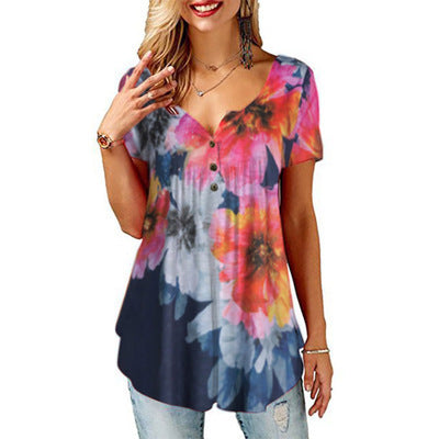 Camiseta Cuello V Estampada para Mujer - Manga Corta Europeo Americano - Image 15
