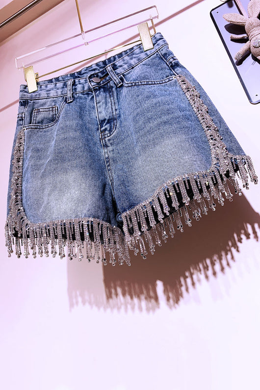 Pantalón Denim Cintura Alta con Borlas y Strass - Image 9