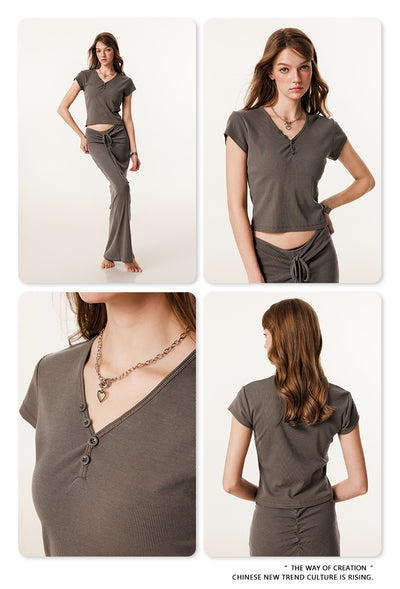 Blusa Retro Americana Slim Fit Cuello V Manga Corta - Image 20