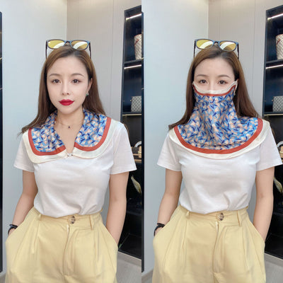 Female cream and black floral polka dot sun protection mask with ear loops, designed for eye corner protection. - Image 44